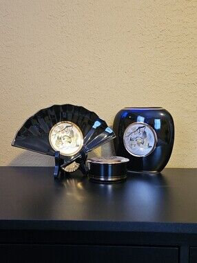 Vintage Art Of Chokin, Black And Gold Set With Bird And Flower Detailing